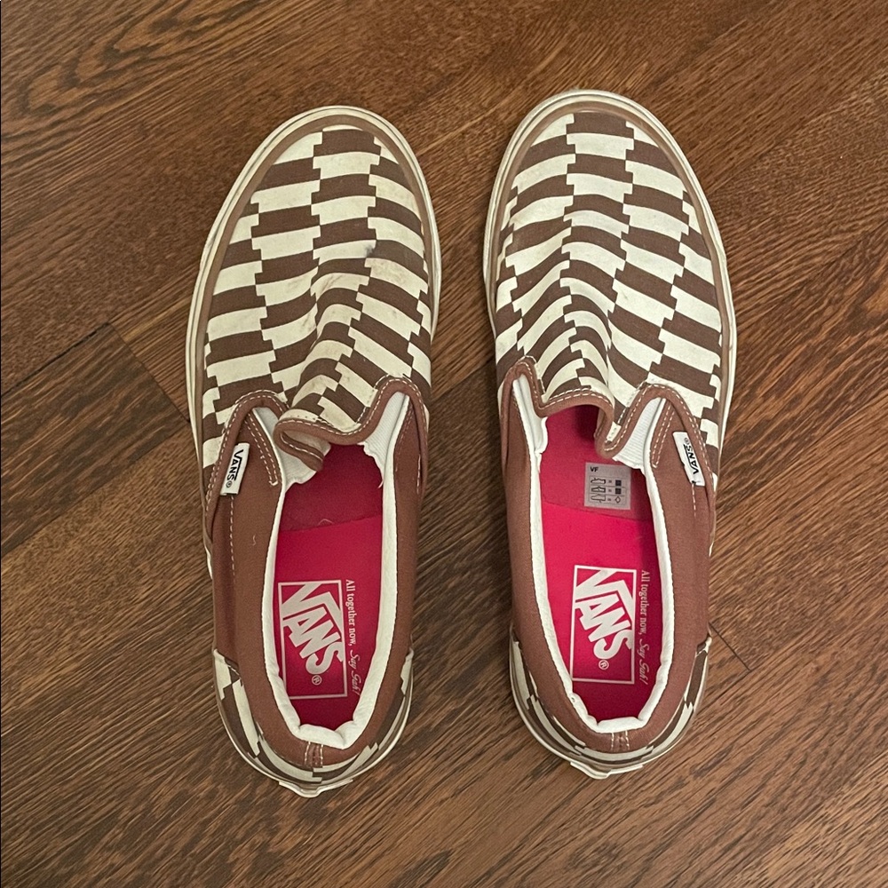 Vans Brown and Cream Checkered Slip-Ons